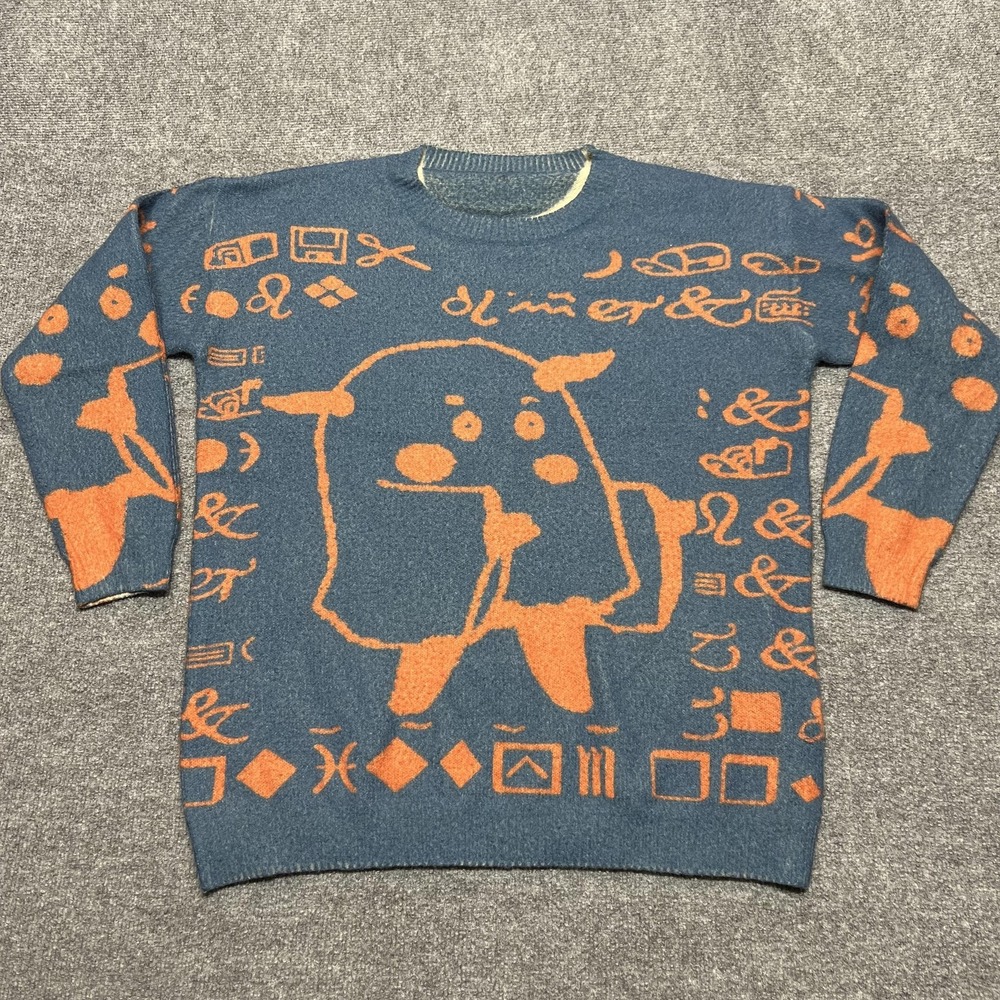Yesno Oversized Sweater Women's L Blue Cotton Wool Graphic Knit Pullover Cartoon